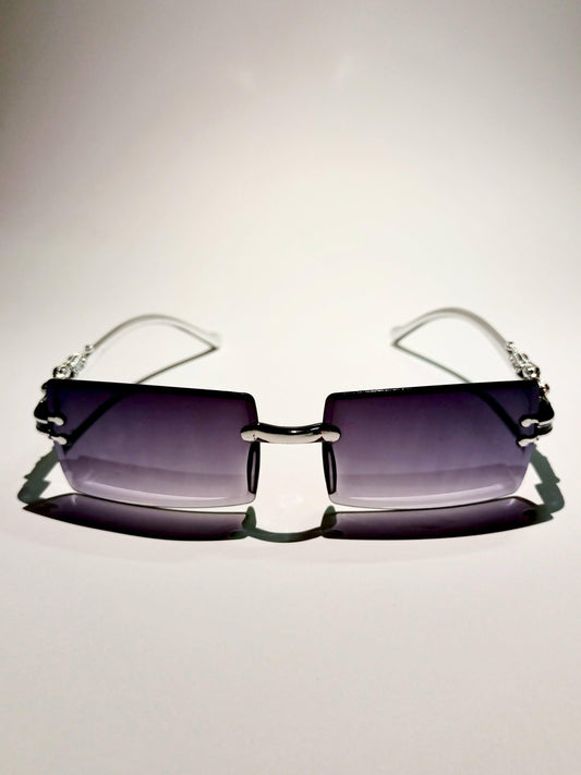 Men’s Rimless Square Hip-Hop Sunglasses – Silver Frame with Purple Tint Lenses - OpticZone